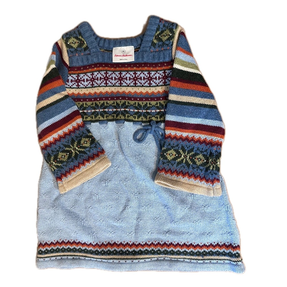 Hanna Andersson Blue Fair Isle Knit Sweater Dress Size 80 12-18M Nordic Holiday - Picture 2 of 4